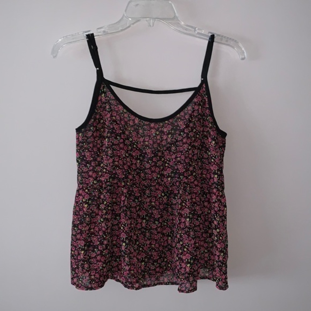 Pink flower with black trim see through tank top Bajee Collection Small